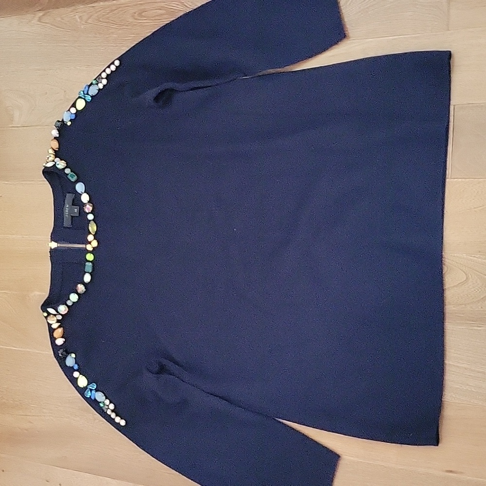 J Crew Merino Wool Jeweled‎ Crew Neck Sweater 3/4 Sleeve XS Navy E2294
